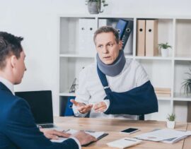 trabajador de mediana edad con cuello ortopédico y brazo roto sentado en una mesa y hablando con un hombre de negocios con chaqueta azul en la oficina, concepto de compensación